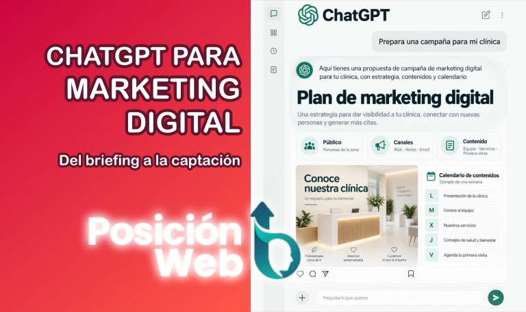Interfaz de ChatGPT con un plan de marketing digital para una clínica y un calendario de contenidos
