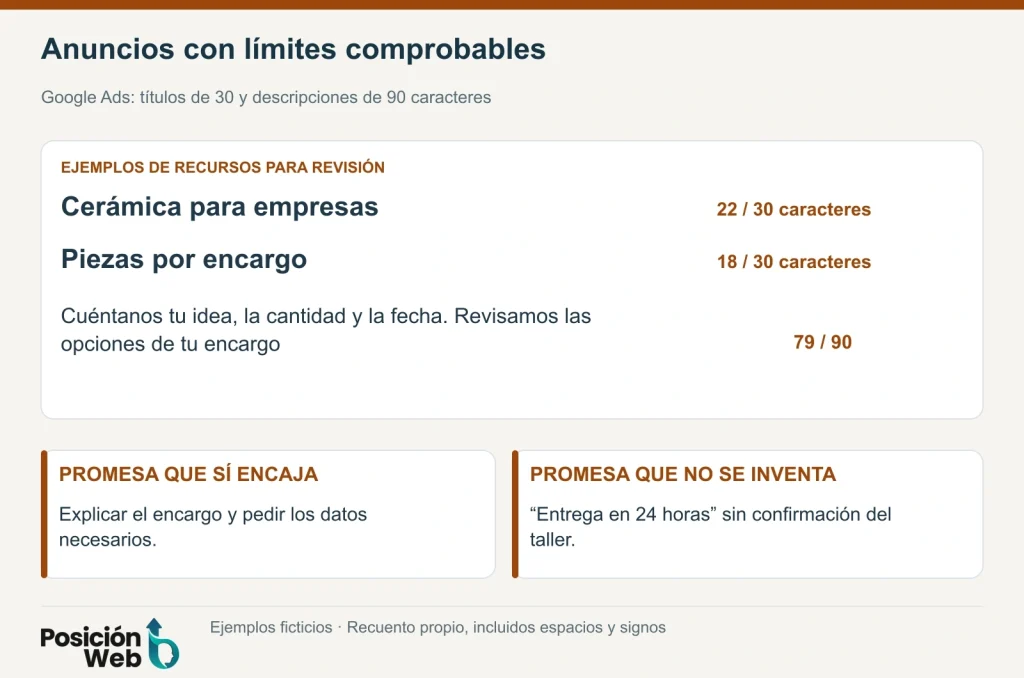 Ejemplos de anuncios para cerámica empresarial con recuento de caracteres y límites de Google Ads