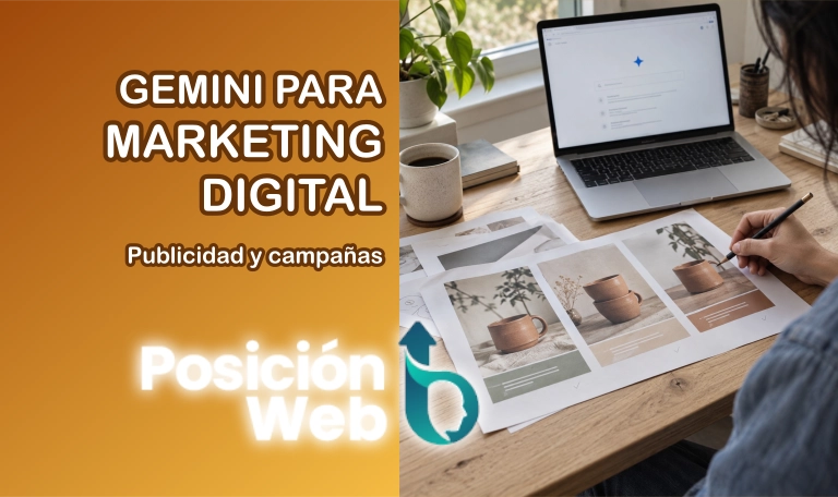 Gemini para marketing digital: revisión de anuncios impresos de cerámica junto a un portátil, en una escena ilustrativa