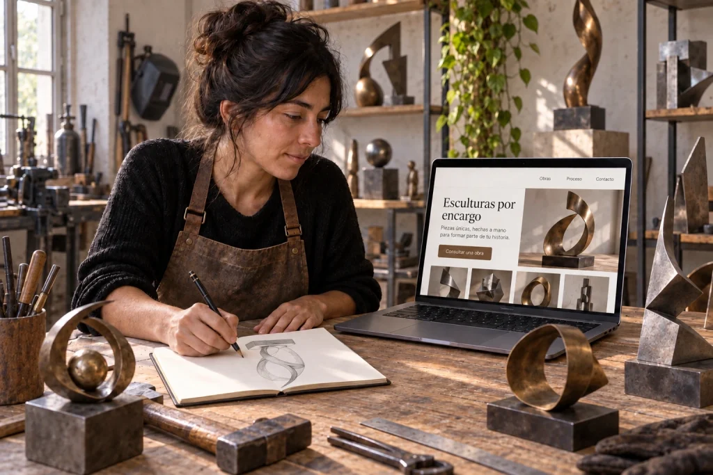 Escultora preparando la oferta y el contacto de una web de encargos