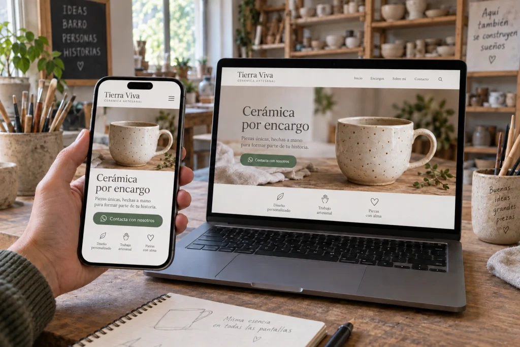 Comparación de la misma web ficticia de cerámica en ordenador y móvil para revisar lectura y contacto