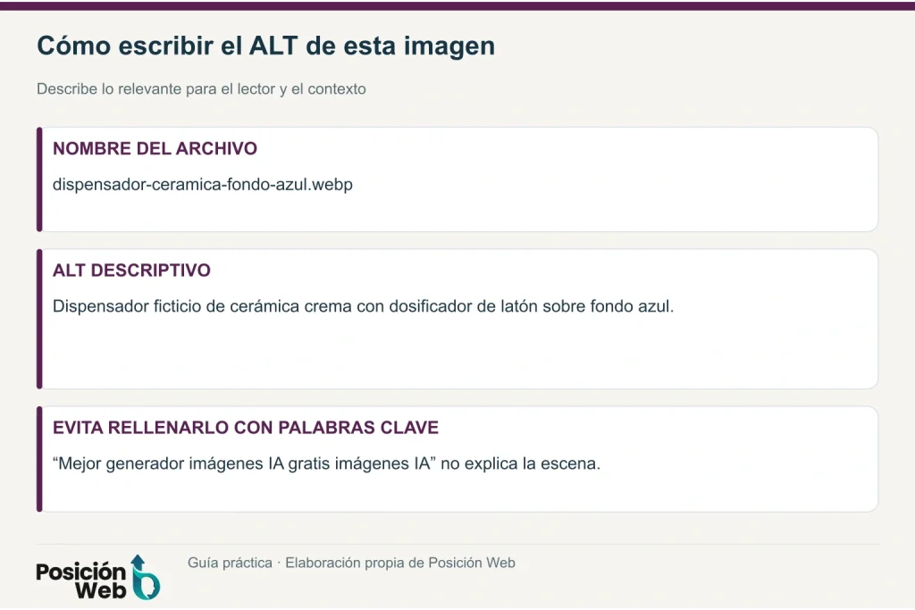 Ejemplo de nombre de archivo y texto alternativo descriptivo para el dispensador ficticio