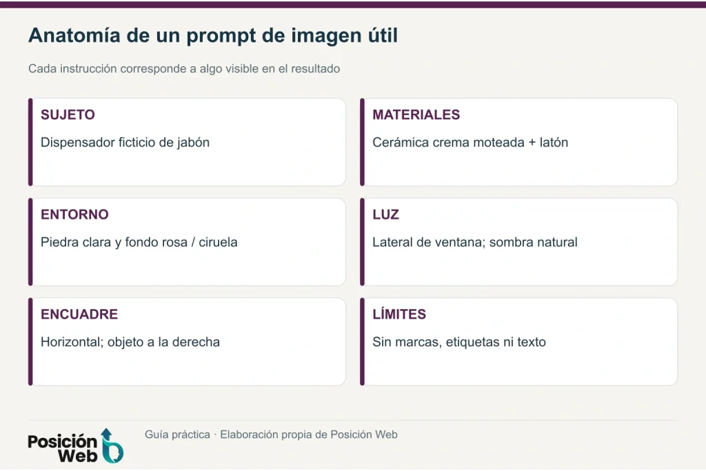 Desglose de un prompt de imagen en sujeto, materiales, fondo, luz, encuadre y restricciones
