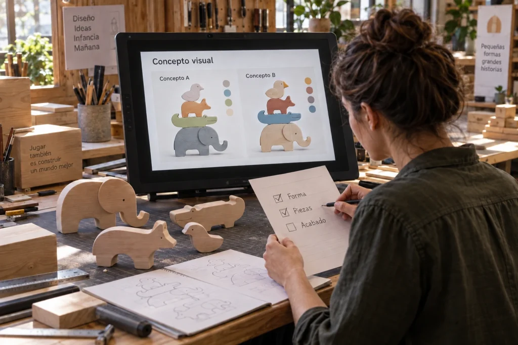 Diseñadora de juguetes comparando dos conceptos visuales de un apilable de madera con un prototipo sin pintar