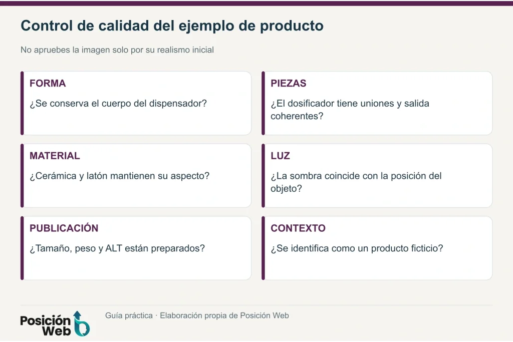 Control de calidad para la imagen del dispensador: forma, piezas, sombras, marca, exportación y contexto ficticio