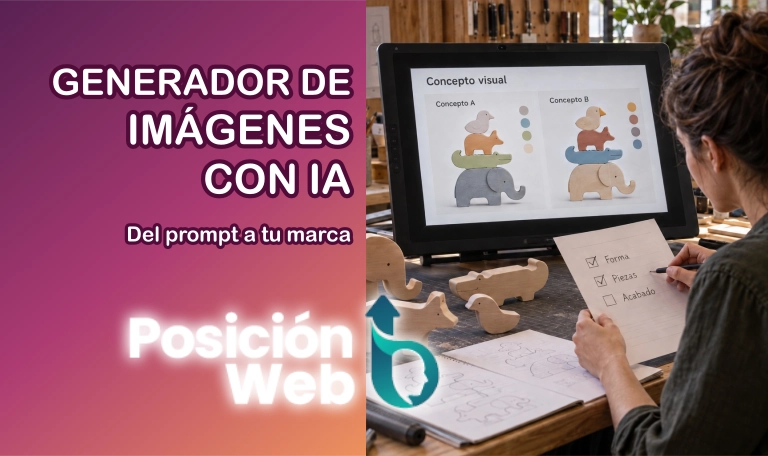 Generador de imágenes IA: diseñador de juguetes comparando conceptos visuales con un prototipo de madera