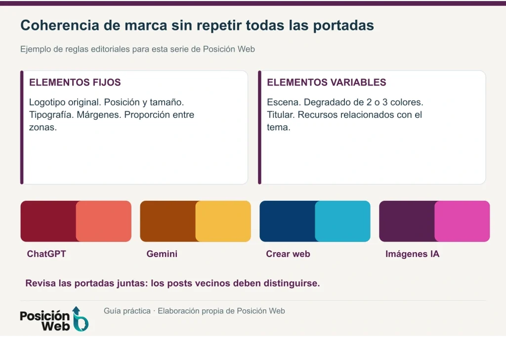 Reglas de una serie visual con logotipo y márgenes fijos y fotografía y paleta variables