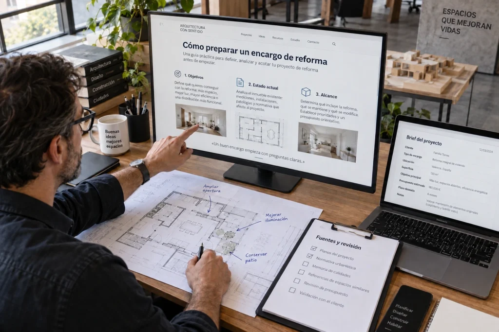 Arquitecto contrastando un artículo sobre encargos de reforma con planos y documentación del proyecto.
Retirar este aviso después de insertar la imagen