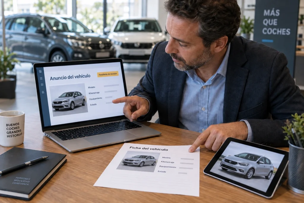 Profesional de compraventa de coches contrastando el borrador de un anuncio con la ficha original del vehículo.
Retirar este aviso después de insertar la imagen
