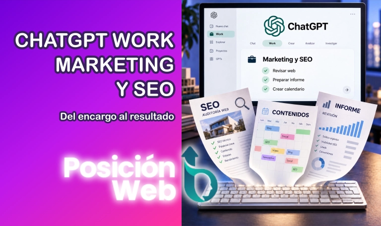 ChatGPT Work en un monitor con una auditoría SEO, un calendario de contenidos y un informe saliendo del teclado