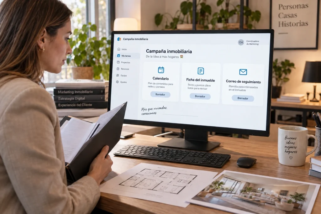 Coordinadora de una inmobiliaria revisando borradores de calendario, ficha del inmueble y correo de seguimiento.
Retirar este aviso después de insertar la imagen