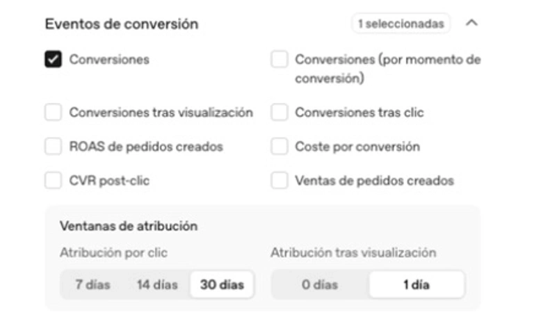 Columnas de conversiones de ChatGPT Ads y ventanas de atribución tras clic de 7, 14 o 30 días y tras visualización de 0 o 1 día