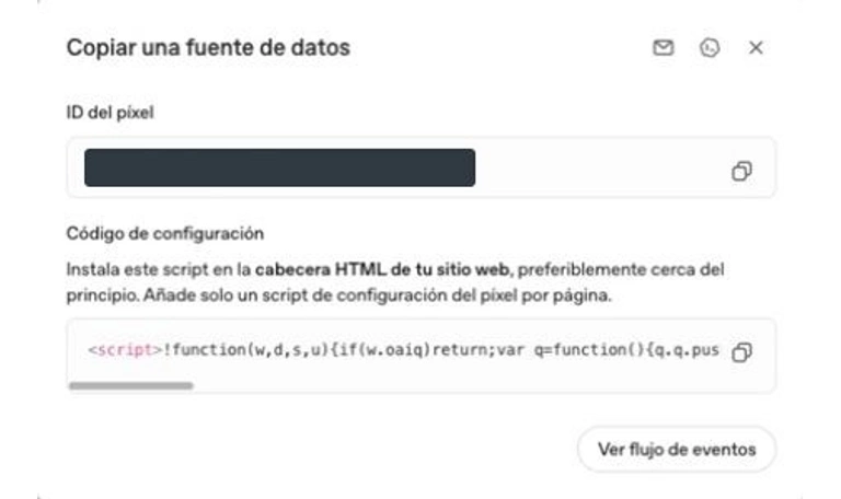 Panel de configuración de OpenAI Pixel con el identificador oculto y las instrucciones para instalar el código en la cabecera de la web