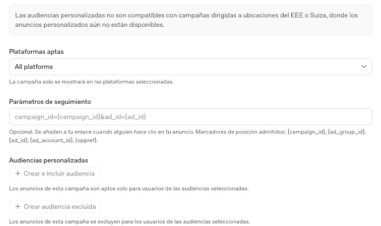 Parámetros de seguimiento de ChatGPT Ads y aviso de audiencias personalizadas no disponibles para campañas dirigidas al EEE