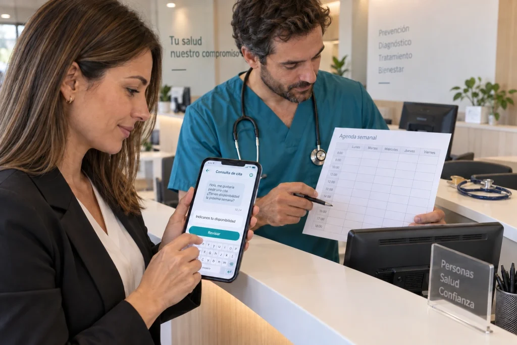 Administrativa y médico revisando una solicitud de cita en una conversación recreada, sin datos de pacientes