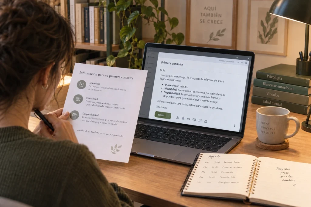 Psicóloga comprobando la información administrativa de una primera consulta antes de enviar una respuesta