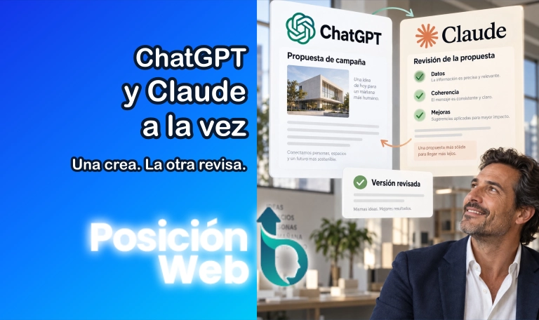 ChatGPT y Claude creando y revisando una campaña juntos, mientras un ejecutivo observa el resultado con sorpresa