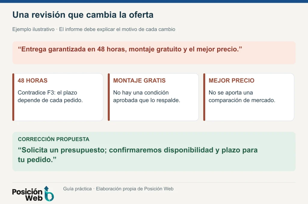 Tres promesas sin respaldo de una landing y su corrección mediante referencias aprobadas