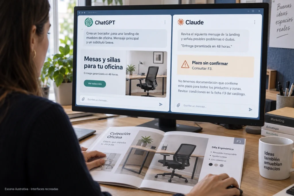 Escena ilustrativa de una profesional comparando un borrador de ChatGPT con la revisión de Claude y la ficha F3 de un catálogo de mobiliario