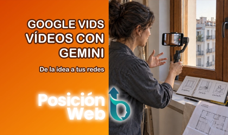 Google Vids con Gemini: cómo crear vídeos con IA gratis para YouTube, Instagram, TikTok y empresas. Arquitecta grabando una ventana con un móvil y un guion de planos para un vídeo de reformas